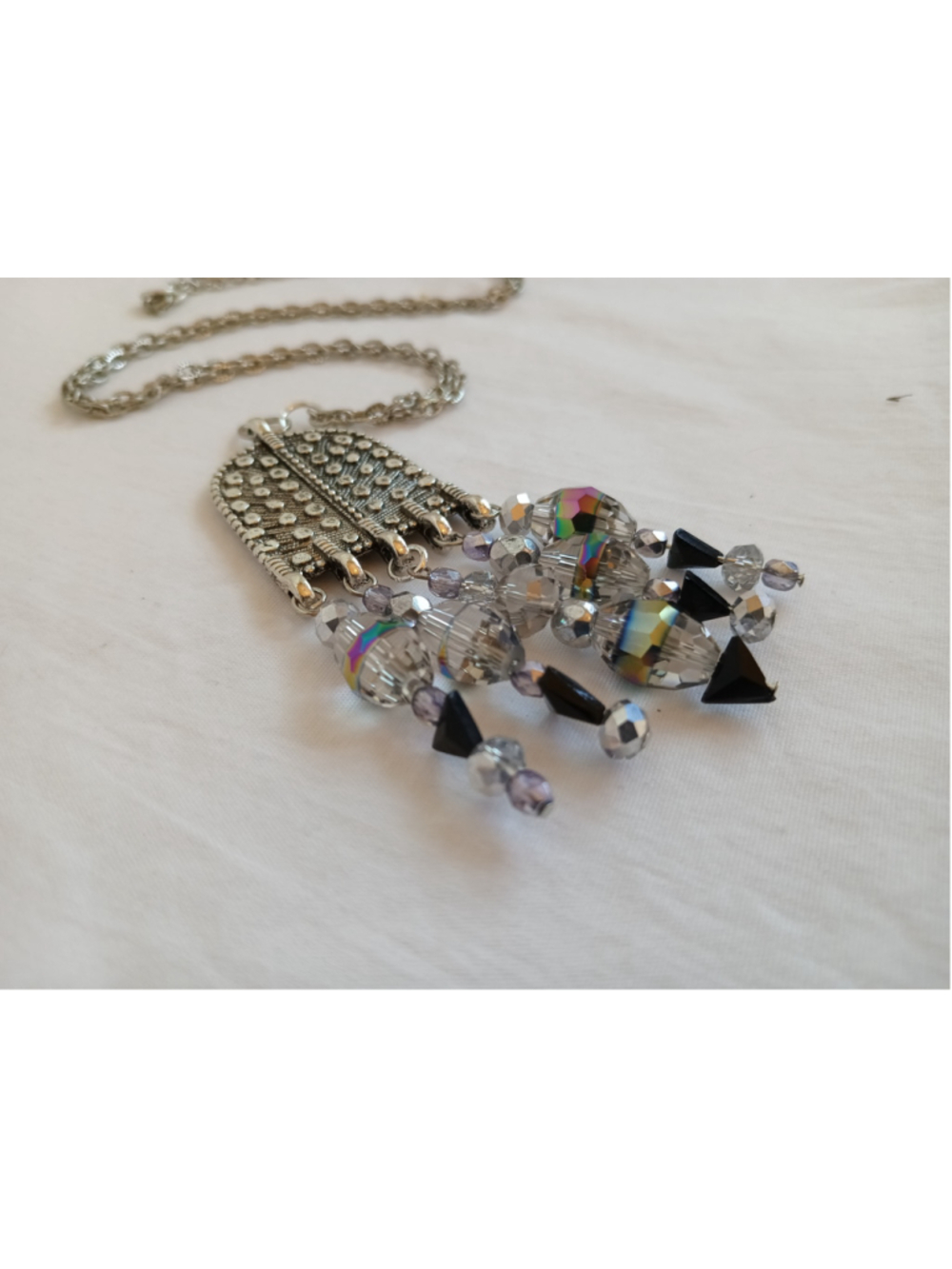 Handcrafted Etched Silver with Black Crystal Tassel fringe beaded statement boho - Picture 2 of 6